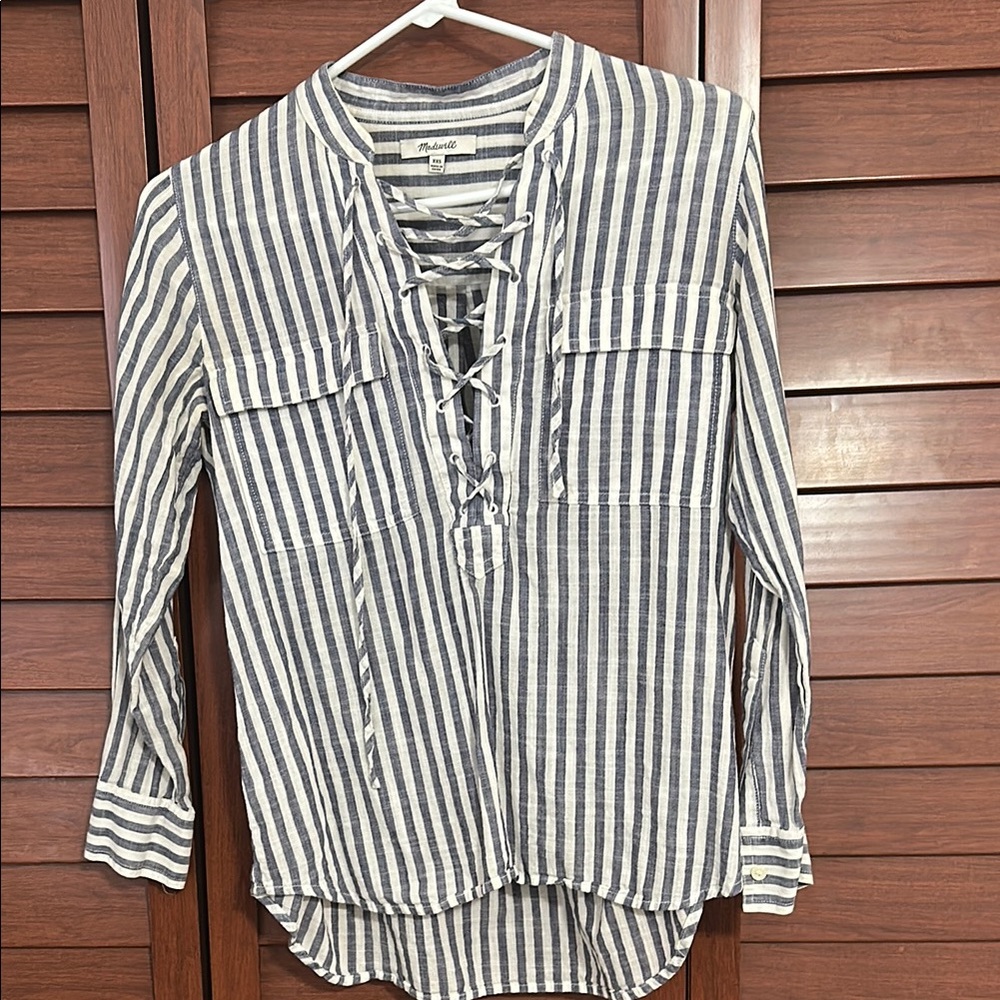 Madewell Blue and White Lace-Up 3/4 Sleeve Blouse